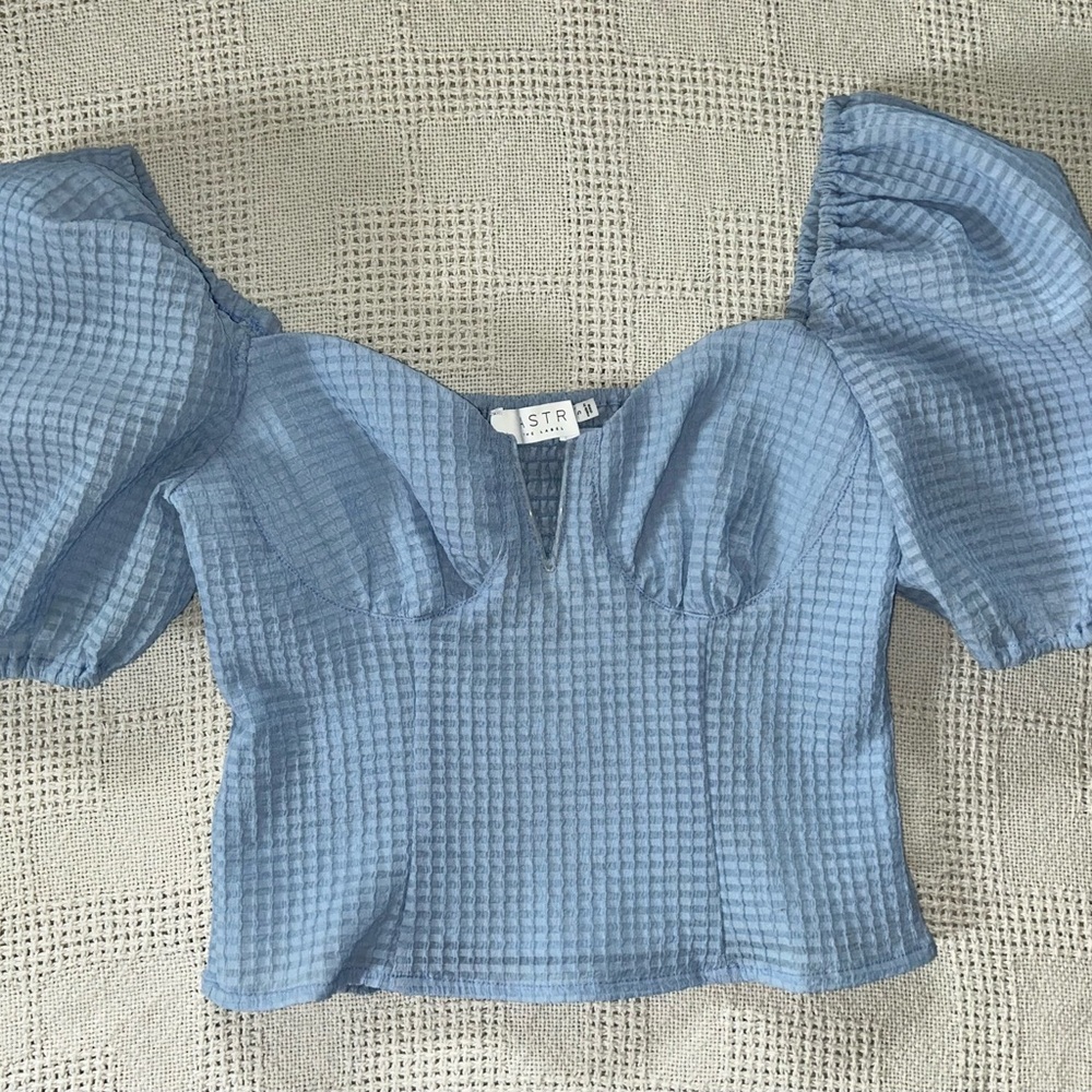 Astr Blue Textured Puff Sleeve Blouse